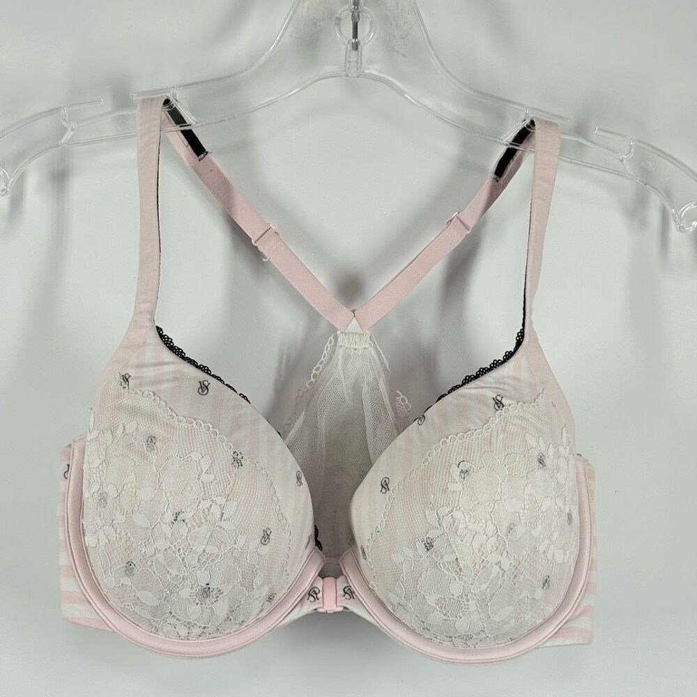 Victoria’s Secret Body By Victoria white pink stripe lace VS logo racer back Dem
